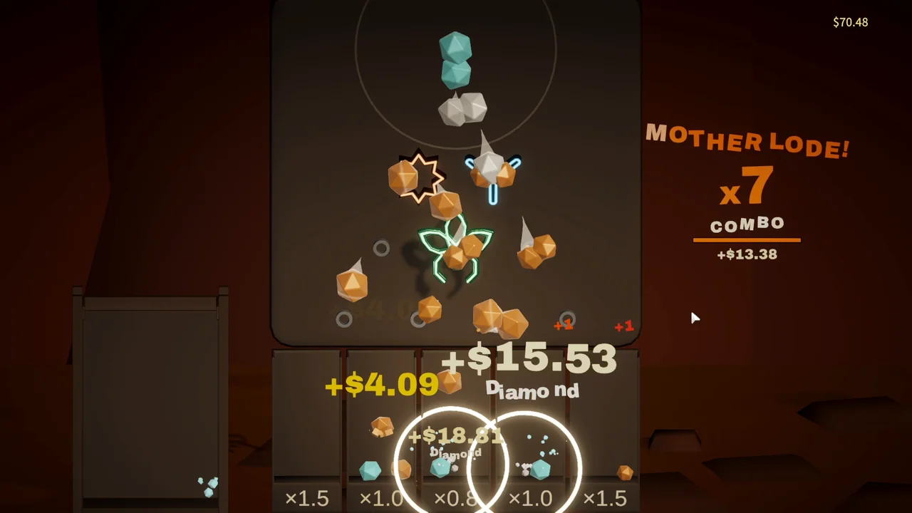 Nuggets pour through the pin board while a Mother Lode combo pays out.