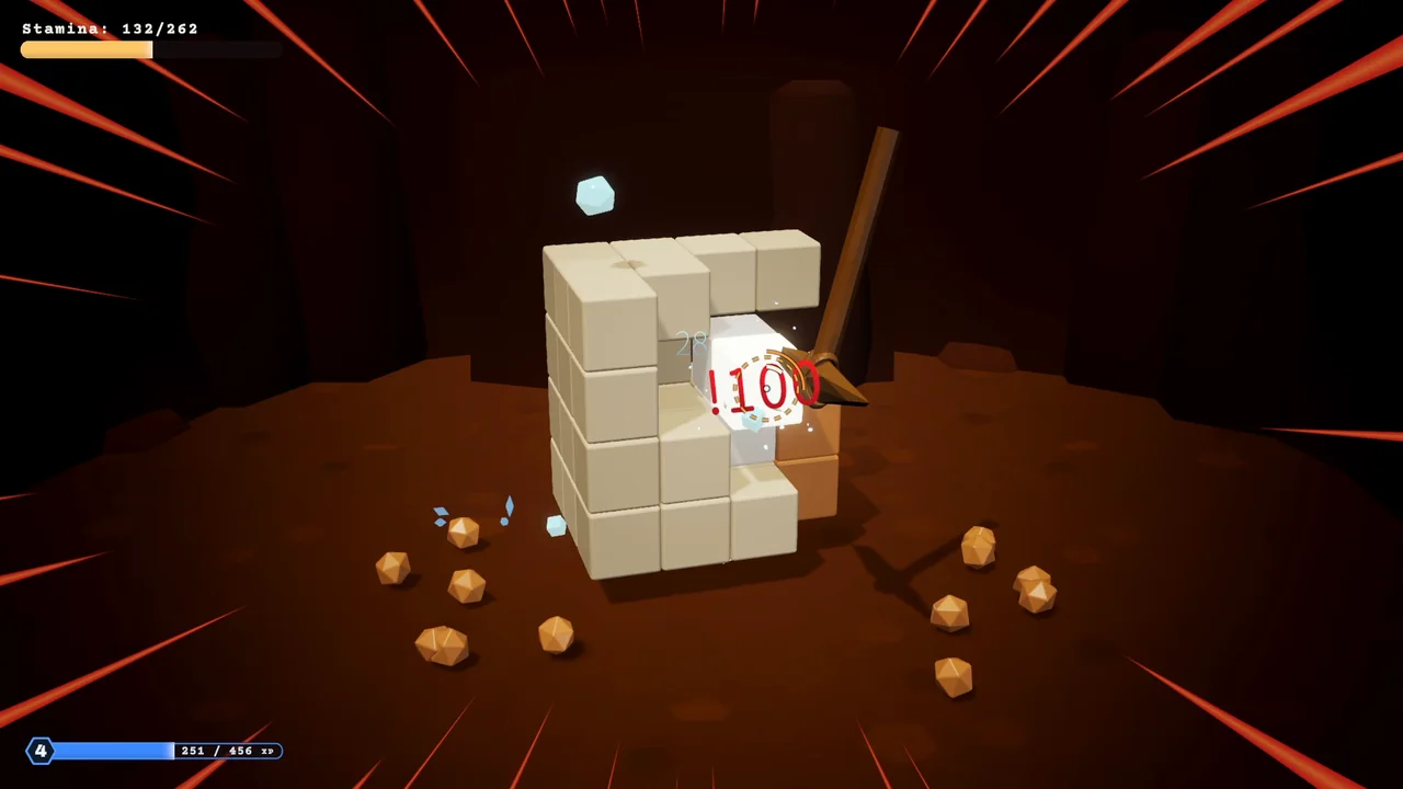 A critical hit cracks the claim cube open in the mine.